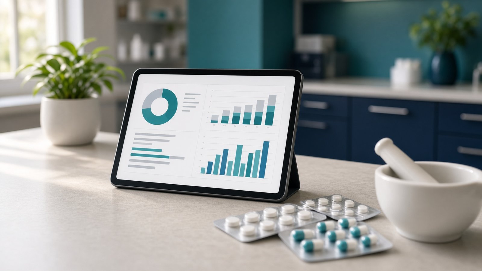 Training dashboard on a tablet at a pharmacy consultation desk