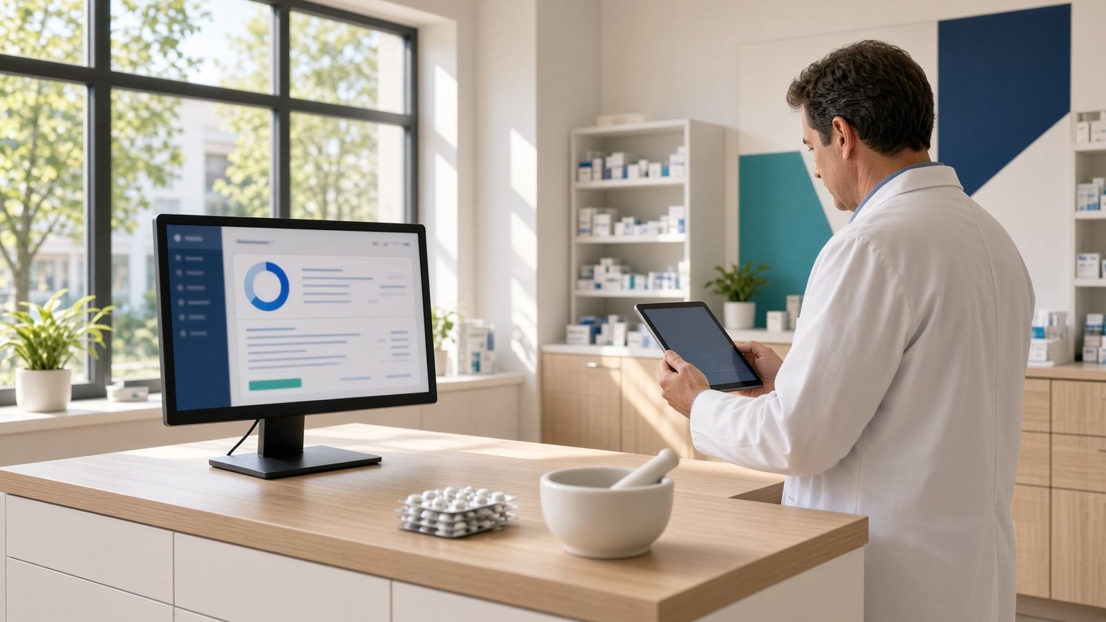 Pharmacist reviewing a training dashboard at a modern pharmacy counter